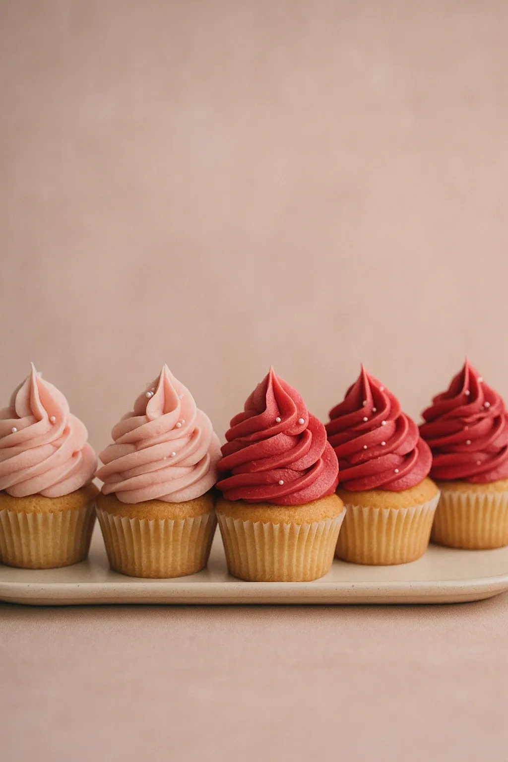 Cinco cupcakes em degradê de rosa com cobertura em espiral e confeitos brancos