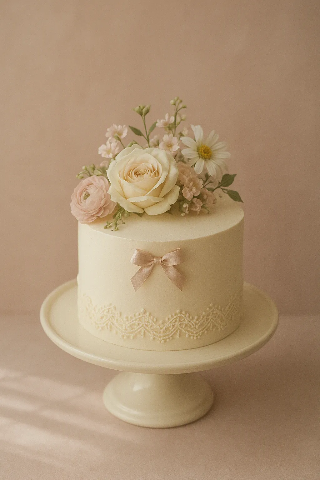 Bolo de um andar com acabamento liso, detalhes em renda e arranjo de flores naturais no topo