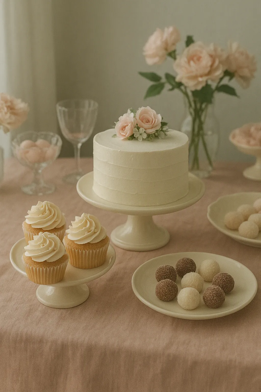 Mesa de doces montada com bolo, cupcakes, docinhos e flores rosas sobre toalha de linho