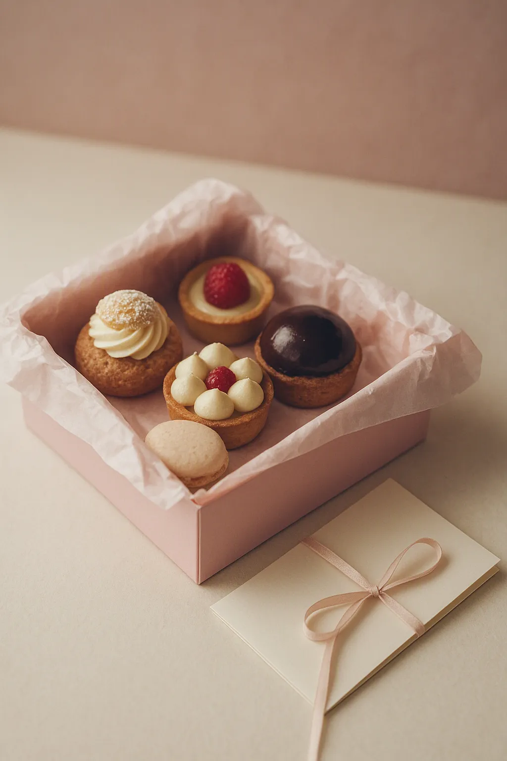 Caixa de presente com doces finos, cartão escrito à mão e laço de fita rosa