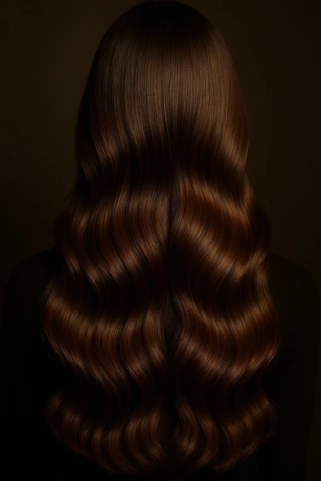 Detalhe de cabelo longo com ondas marcadas e brilho após o tratamento
