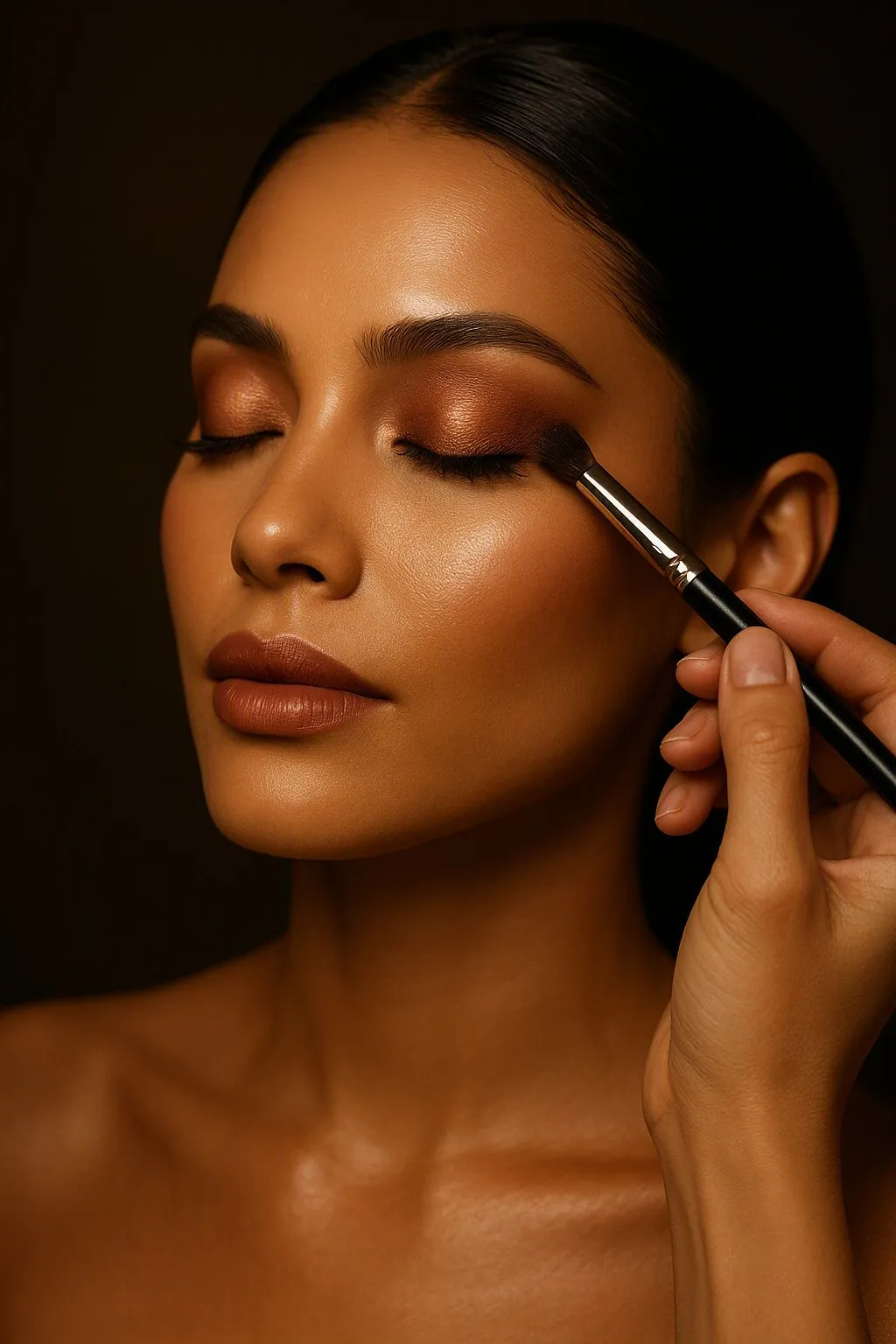 Maquiagem profissional sendo aplicada com pincel, sombra bronze e fundo escuro