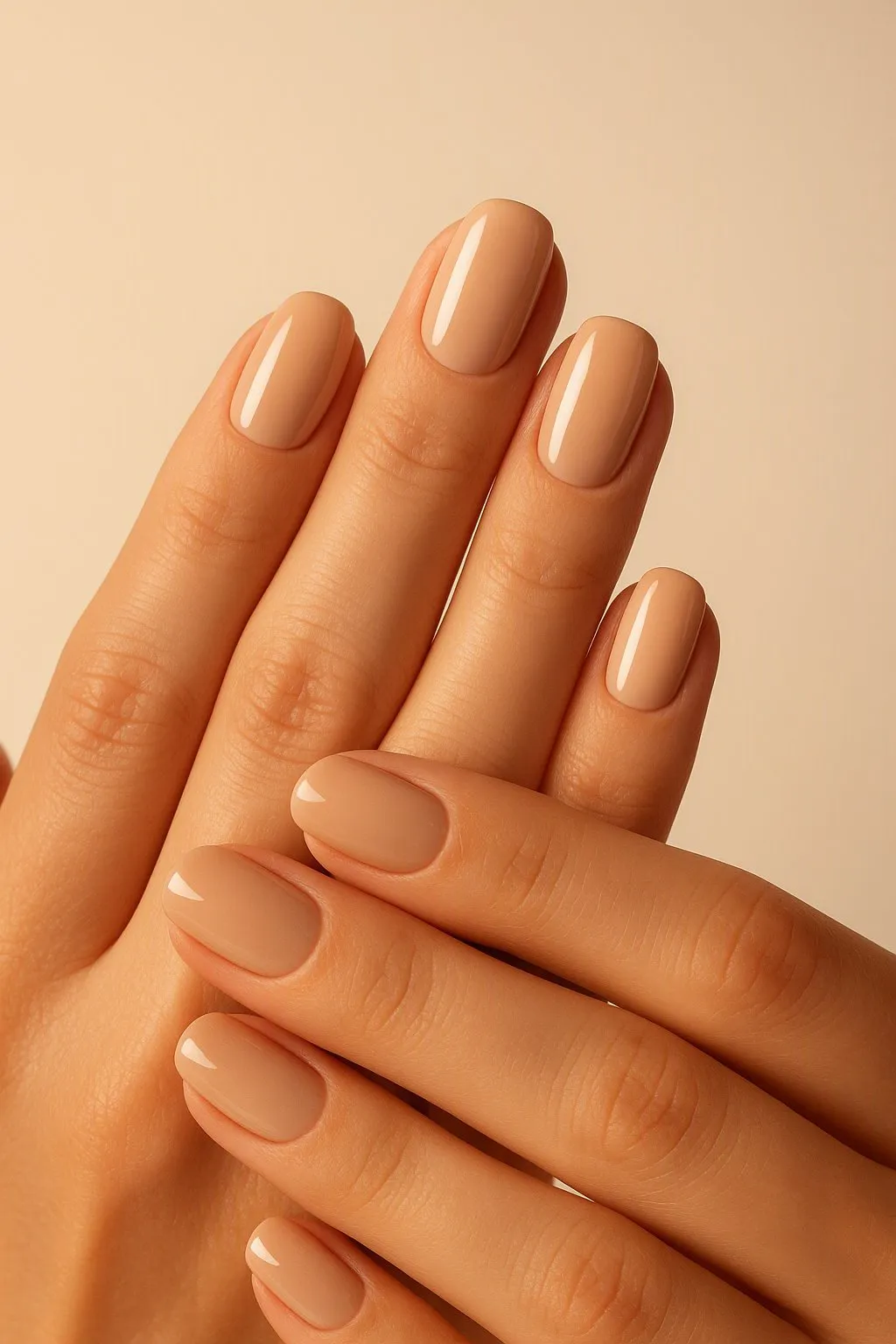 Mãos com esmaltação nude em acabamento brilhante sobre fundo bege