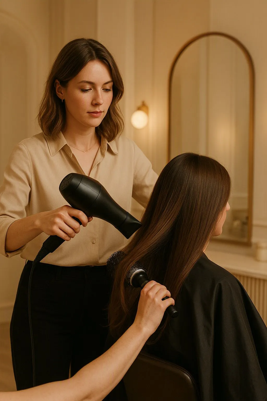 Profissional finalizando o cabelo da cliente com secador e escova redonda no estúdio