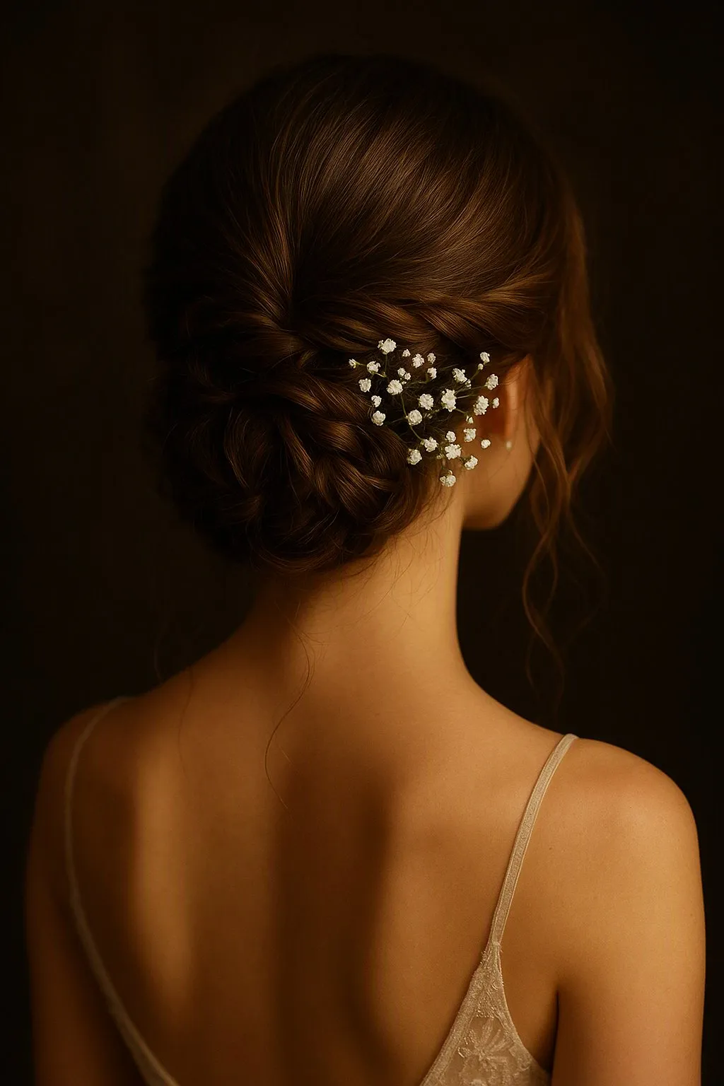 Penteado de evento com coque baixo e flores naturais presas no cabelo